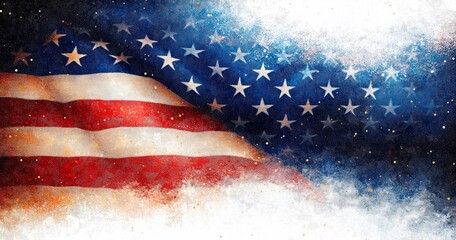 Abstract artistic representation of the American flag with red and white stripes and white stars on a blue background blending into white space