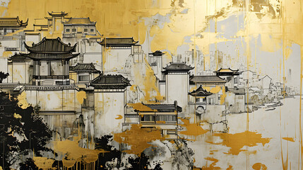 Fototapeta premium Gold black and white traditional city architecture art illustration abstract background decorative painting