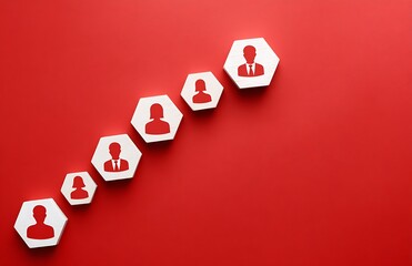 Team growth concept showing ascending white hexagons with red person icons on red background illustrating career progression and business success.
