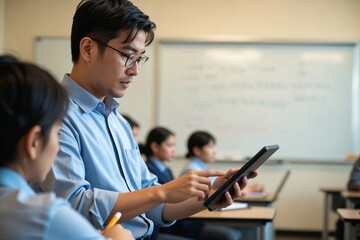 Engaged East Asian Male Teacher in his 30s Using an AI-Powered Educational Tool on a Tablet or Laptop to Personalize Learning for Students, Looking Supportive and Modern