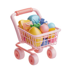 Miniature, pink shopping cart filled with colorful play items,  ideal for a child's imagination.