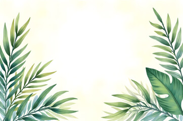 Obraz premium green tropical leaves with yellow flowers background.floral line frame, luxury leaves plant border. Wedding elegant card, nature royal garden.generative ai