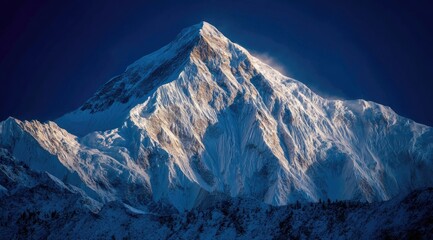 Majestic snow-capped mountain peak bathed in dawn light