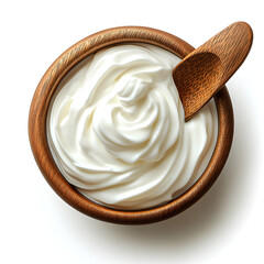 Wooden bowl with delicious cream and spoon, top view