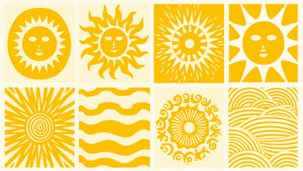 Collection of yellow sun and wave patterns in square tiles showcasing various artistic sun designs and waves