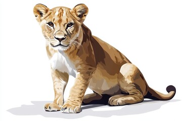 Obraz premium Realistic Illustration of a Lioness Sitting Gracefully on White Background