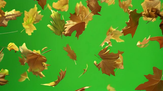 Autumn yellow leaves flutter across vivid green chromakey background in slow motion display, falling, fall, orange 