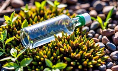 Glass Bottle on Succulent Plants Background