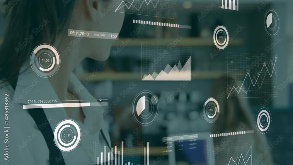 Poster woman manipulating holographic charts and numeric readouts on transparent display in tech workspace