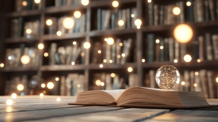 A magical library filled with fantasy novels, manga, board games, and glowing artifacts from video games and sci-fi films