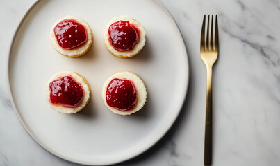 3 mini cheesecakes with jam on top, on a white plate, against a marble table background.