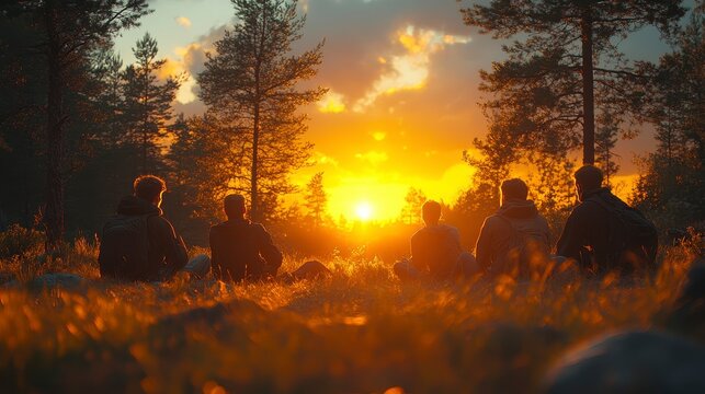 Group of people watch golden sunset surrounded by trees in grassy field
