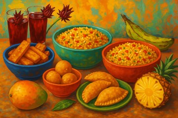 A Vibrant Spread of Traditional Cuisine Featuring Colorful Dishes, Tropical Fruits, and Refreshing Beverages Displayed on a Rustic Table Setting
