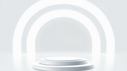 Obraz premium Realistic white, silver 3D cylinder pedestal podium with circle tunnel neon lighting background. Abstract minimal scene for mockup products display, Futuristic stage showcase. Vector geometric forms.