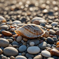 A soft-focus shot of a shell resting on pebbles in morning light.