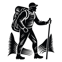 Hiking silhouette vector art illustration, Hiker Silhouette Trekking Uphill with Stick
