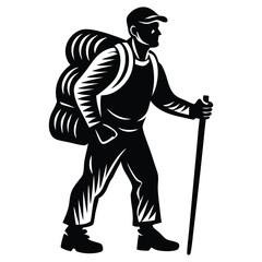 Hiking silhouette vector art illustration, Hiker Silhouette Trekking Uphill with Stick