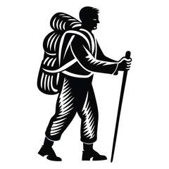 Hiking silhouette vector art illustration, Hiker Silhouette Trekking Uphill with Stick