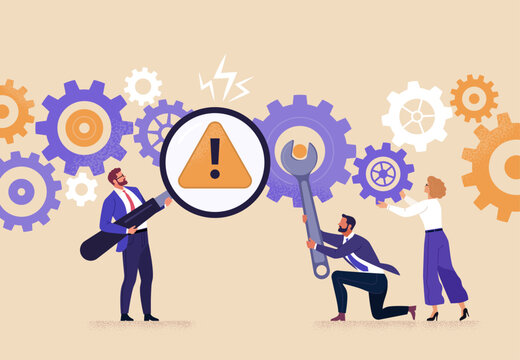 Business Improvement concept. Contemporary flat style abstract vector illustration of a group of diverse people with tools, troubleshooting a gear-shaped mechanism. Isolated on background.
