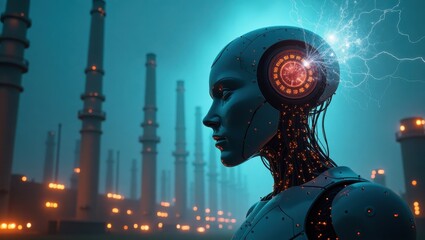 Gigantic AI robotic head absorbs electricity in a futuristic industrial landscape overwhelming energy consumption