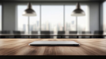 Obraz premium Laptop on wooden table in modern office