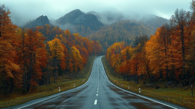 Autumn road view with colorful trees and mountains shrouded in mist - Powered by Adobe