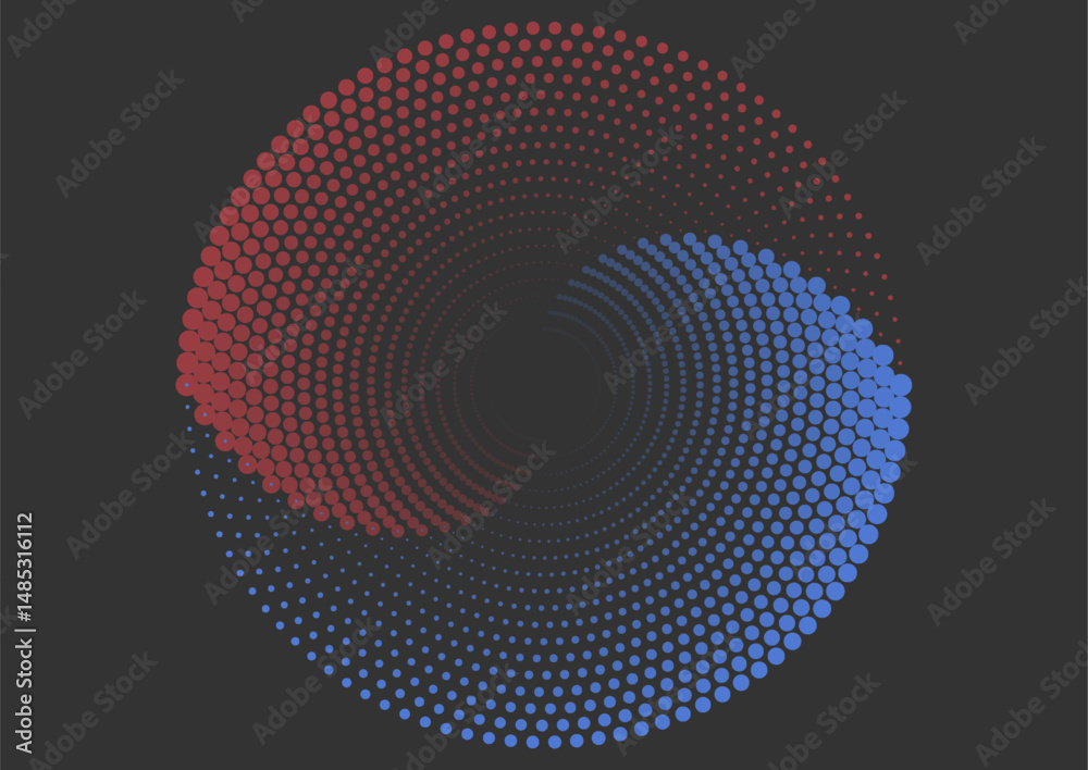 Aufkleber Blue and red circular spiral halftone dots abstract dynamic minimal background. Geometric vector design
