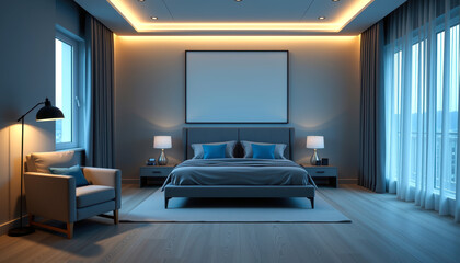 Fototapeta premium Modern Bedroom Interior with Blue Accents