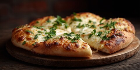 Cheesy garlic bread with fresh parsley on wooden board