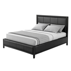 Obraz premium Modern Black Faux Leather Upholstered Platform Bed Frame with Headboard, Mattress and Pillows on White Background