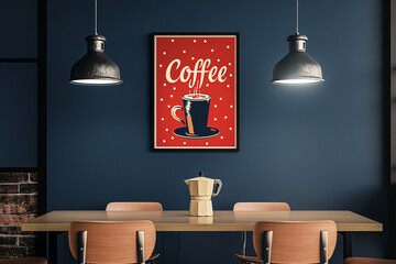 An artistic coffee poster adorns a dining room, with a vintage coffee maker on the table and pendant lights. Generative AI