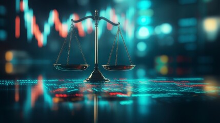 Scales of justice on digital background with stock market graphs.