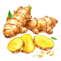 Detailed Watercolor Illustration of Jerusalem Artichoke on a White Background, Featuring Whole and Sliced Pieces with Vibrant Colors and Textures