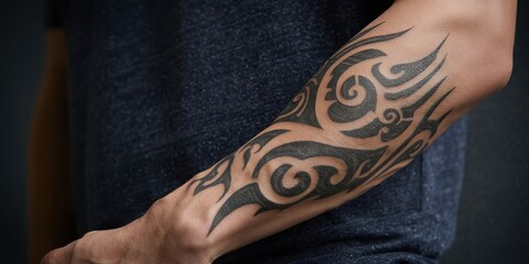 Intricate tribal tattoo design on forearm.
