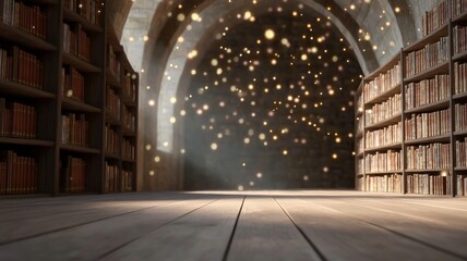 A magical library filled with fantasy novels, manga, board games, and glowing artifacts from video games and sci-fi films