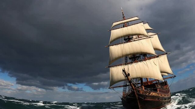 Majestic Sailing Ship Battling Ocean Winds Dramatic Clouds, Sunlight Rays, and the Power of the Open Sea