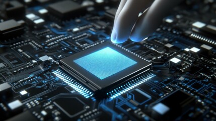 Closeup of a hand placing a microchip on a circuit board. Digital tech
