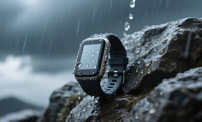Weather-resistant fitness tracker with water droplets on rugged wet rock during rainy outdoor adventure