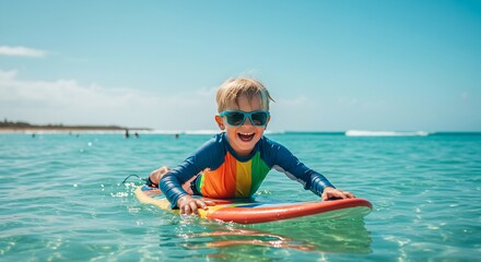 Happy Little Surfer Boy Riding a Boogie Board in Crystal Clear Ocean Water on a Sunny Day