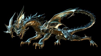 Illustration of a gold and blue dragon on a black background.