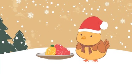 Cute cartoon chick with a santa hat at Christmas on snowy background.