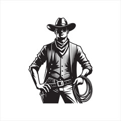 Cowboy with Lasso Standing Pose – Western Black and White Line Art