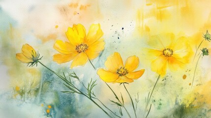 Watercolor painting of vibrant yellow cosmos flowers in bloom.