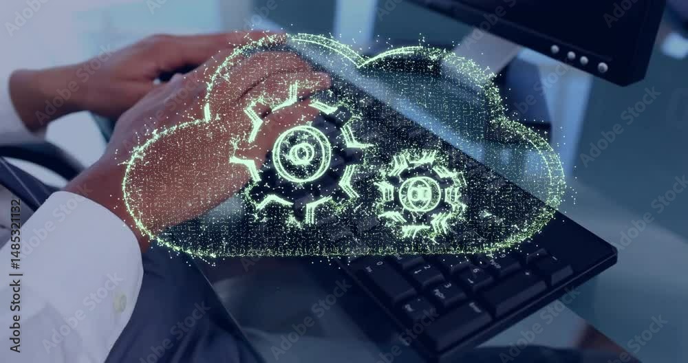 Poster displaying professional typing while green digital cloud computing graphic floating above keyboard
