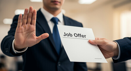Job Offer Rejection Hand Gesture Refusing Job Offer Business Concept. Businessman rejects job offer with hand gesture in office setting