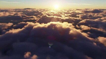 Realistic animated clouds with a stylized soft blur, high-altitude airplane view, above cloud layer, sunrise, radiant golden glow. aerial view of the clouds - Powered by Adobe