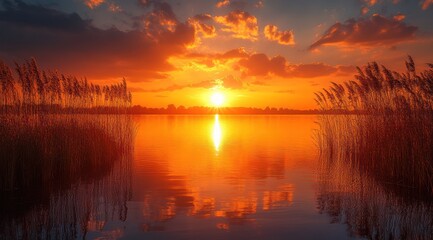 Vibrant sunset reflecting on a serene lake.