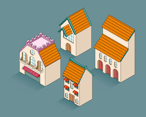 3D isometric vector of gaming-style houses in various designs and colors. Ideal for game assets, city builders, mobile games, metaverse, fantasy maps, and digital environment design.