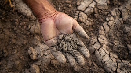 Cracked Dry Earth with a Rough Hand Holding Crumbled Soil in a Drought Stricken Landscape