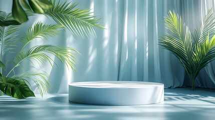Obraz premium Serene Blue Room with Circular White Platform and Tropical Plants by Light Filtered Curtains
